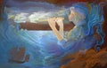 Song of the sea. Oil painting on wood. Portrait of a beautiful girl playing the flute near Nordic sea. Fantasy illustration for an