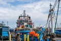 Songkhla, Thailand - August 6, 2017; View of industrial ships in the port of Songkhla Lake near by Nang ngam road