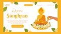 Songkran, Buddha water ceremony. Hand Pouring water the monk sculpture. Thailand New Year. Vector landing page website Royalty Free Stock Photo
