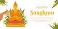 Songkran, Buddha water ceremony. Hand Pouring water the monk sculpture. Thailand New Year. Vector background in flat