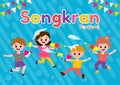 Songkran festival banner template kids holding water gun and jumping enjoy splashing water in Songkran festival, Thailand Royalty Free Stock Photo