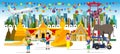 Songkran Festival Banner - Thai New Year`s Day - People, Water Gun,Droplet,Water,Flower,Colorful Flags, Airplan,Building In The Ci