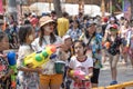 Songkran Festival is celebrated in a traditional. People enjoy splashing water on Tha Pae Gate in Chiang-mai, Thailand Royalty Free Stock Photo