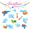 Songkran festival. Color thai water party, thailand travel elements. Wet asian traditional holiday, tourism symbols and