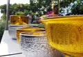 Songkran Festival with cool fresh water have a jasmine flower and rose flower and aromatherapy in water bowl for respect bathe in