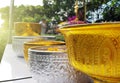 Songkran Festival with cool fresh water have a jasmine flower and rose flower and aromatherapy in water bowl for respect bathe in