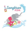 Songkran festival elephant water flowers and drink bottle