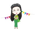 Illustration Vector Songkran Festival A woman dressed in green Thai clothes holding a water bowl