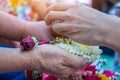 Songkran festival sign of Thailand : Hand of young people pour water, flowers on older. Thais celebrate Songkran in new year water Royalty Free Stock Photo