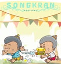 Wo boys Spraying water on Songkran day, Songkran Festival in Thailand, Vector illustrator