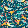 Songkran festival in Thailand. Colorful seamless Pattern with gun,elephant, water, and tuk-tuk.