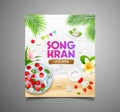 Songkran festival thailand rose petals in bowl and thai flowers coconut leaf, poster flyer design on white wood background