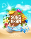 Songkran festival thailand, on wood sign this flower summer, water in bowl water splash, poster design Royalty Free Stock Photo