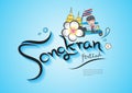 Songkran Festival with tuk tuk car vector template, Thailand travel concept cartoon illustration Royalty Free Stock Photo