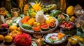 Symbolic offerings: Songkran fruits and meaningful items.AI Generated