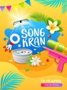 Songkran thailand festival, gun water and thai flower, poster design on abstract yellow background