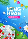 Songkran water festival thailand, rose petals and jasmine flower in bowl on banana leaf, water drop realistic poster flyer Royalty Free Stock Photo