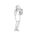 Songstress woman singing song into microphone. Line art style character vector black white isolated illustration. Royalty Free Stock Photo