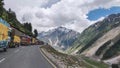 Sonmarg, Jammu and Kashmir - June 18 2019: Trucks waiting in queue to cross the Zojila pass at an elevation of 11,500 feets