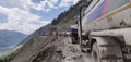 Sonmarg, Jammu and Kashmir - June 18 2019: Trucks waiting in queue to cross the Zojila pass at an elevation of 11,500 feets