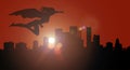Superhero woman silhouette side view flying over city at sunset or sunrise overwatching Royalty Free Stock Photo