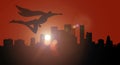 Superhero silhouette side view flying over city at sunset or sunrise overwatching Royalty Free Stock Photo