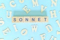 Sonnet poetry narrative form in english literature concept. Wooden blocks typography word flat lay