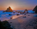 Sonoma Coast`s brilliant sunset glows at the sandy shoreline