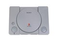 Sony PlayStation on white table. Original 1990s video games console.