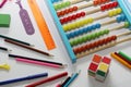 Soon back to school. Colored abacus, rulers, pencils and pens