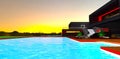 Soon sunrise in the distance visible from the surface of the swimming pool near the suburban private house. 3d rendering Royalty Free Stock Photo