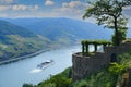 Sooneck Castle, Ferry cruising, white tourist ship on river rhine in valley among luxurious vineyards, in Rhineland-Palatinate,