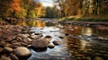 Soothing Autumn Landscape: River With Boulders In Tranquil Serenity Royalty Free Stock Photo