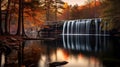 Soothing Autumn Landscape: Serene Waterfall Surrounded By Trees Royalty Free Stock Photo