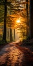 Soothing Forest Road At Sunset: A Captivating Autumn Dell With Amber Sunlight