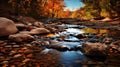 Soothing Landscapes: A Vibrant Creek With Trees And Rock Wall Royalty Free Stock Photo