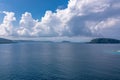Soothing seascape with cumulus white clouds and part of island. Sanma, Vanuatu is tourist paradise