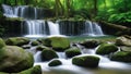 The soothing sounds of a cascading waterfall. The gentle flow of the waterfall, surrounded by lush greenery