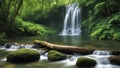 The soothing sounds of a cascading waterfall. The gentle flow of the waterfall, surrounded by lush greenery