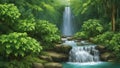 The soothing sounds of a cascading waterfall. The gentle flow of the waterfall, surrounded by lush greenery