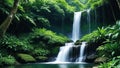 The soothing sounds of a cascading waterfall. The gentle flow of the waterfall, surrounded by lush greenery