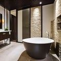 Soothing Spa: A bathroom designed like a luxurious spa retreat, complete with a freestanding tub, pebble stone flooring, and aro Royalty Free Stock Photo