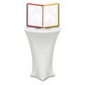 SOP deskstand on promotional table. Blank information display with flipfile color pockets on white round counter stand