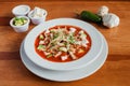 Sopa azteca is Mexican tortilla soup with avocado and cheese. food in Mexico city Royalty Free Stock Photo