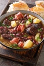 Sopa da Pedra traditional recipe combines red kidney beans, potatoes, cured meat and sausages closeup in the plate. Vertical