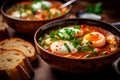 Sopa de Ajo - Garlic soup with bread, paprika, and poached eggs Royalty Free Stock Photo