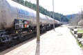 Sopac, Croatia April 2021. A freight train carries crude oil tanks. Oil cargo train on railway.