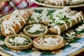 Sopes, tacos dorados and flautas de pollo, Mexican food, spicy sauce in Mexico Royalty Free Stock Photo