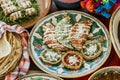 Sopes, tacos dorados and flautas de pollo, Mexican food, spicy sauce in Mexico Royalty Free Stock Photo