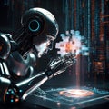 Advanced AI Robot Interacting with Digital Data and Futuristic Interface in a Dark High-Tech Environment Royalty Free Stock Photo